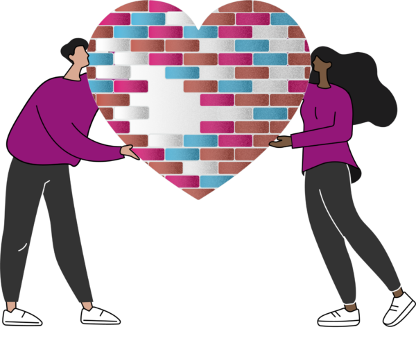 Arte ilustrativa da campanha "Construindo um Sonho: Tijolo por Tijolo", com fundo branco, ao lado esquerdo um homem branco e do lado direito uma mulher seguram juntos o grande coração formado por tijolos nas cores branco, azul e rosa.