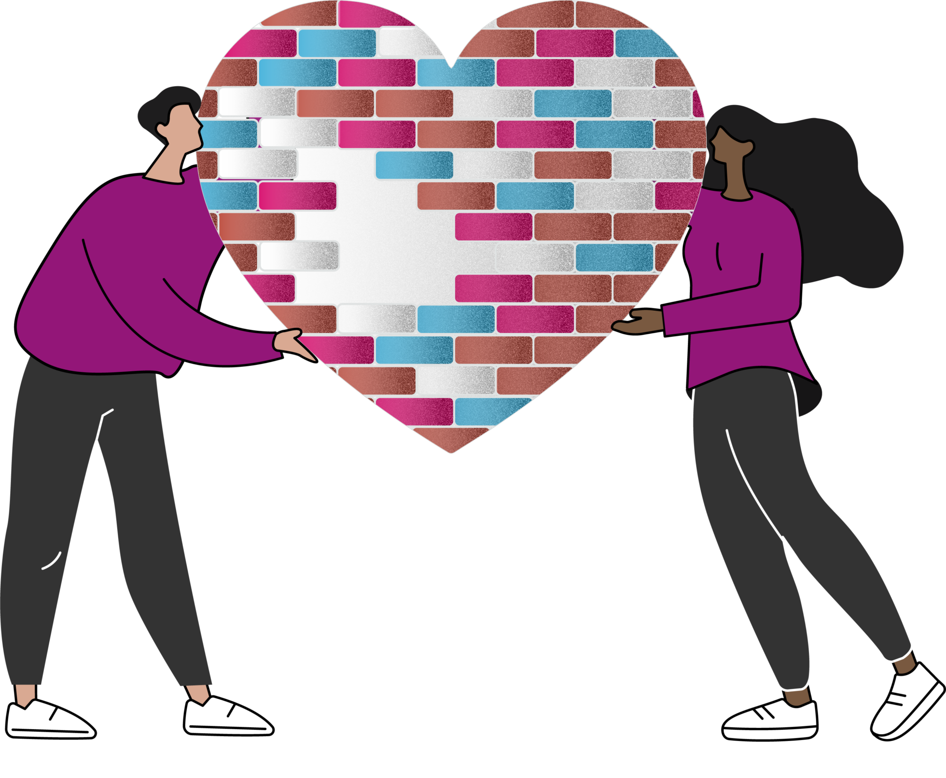 Arte ilustrativa da campanha "Construindo um Sonho: Tijolo por Tijolo", com fundo branco, ao lado esquerdo um homem branco e do lado direito uma mulher seguram juntos o grande coração formado por tijolos nas cores branco, azul e rosa.