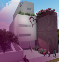 Fachada da nova sede. Construção arquitetônica com 4 andares, porta grande na entrada e janelas na fachada da frente. Construção com jardim na entrada e no terceiro andar.